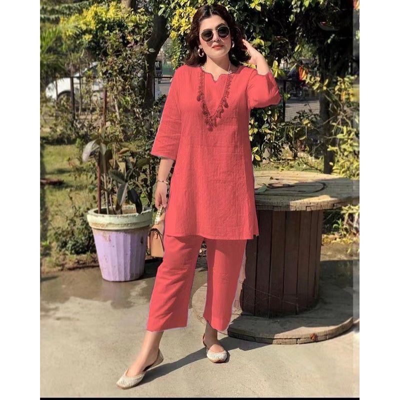 【40-100kg】Καλοκαιρινή νέα μόδα μονόχρωμη ιδιοσυγκρασία μετακίνησης σε έθνικ στυλ μακρυμάνικα ρούχα δύο κομμάτια