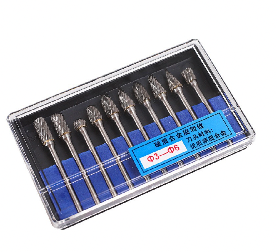 Σετ φρεζαρίσματος καρβιδίου βολφραμίου 1/4" με στέλεχος, σετ 10 τεμαχίων για περιστροφικό λιμάρισμα, αφαίρεση γρεζιών, στίλβωση και κοπή διπλής ακμής