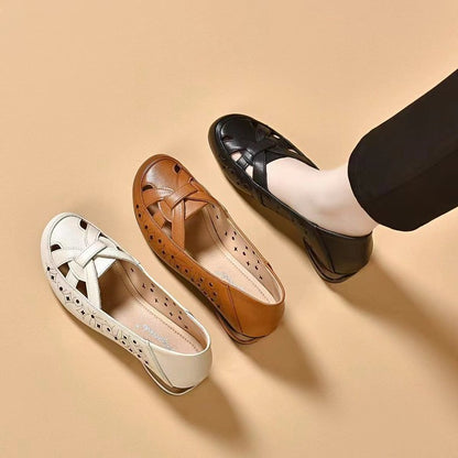 【35-40】 2025 νέα γυναικεία πέδιλα με στρογγυλή μύτη από γνήσιο δέρμα με μικρό τακούνι