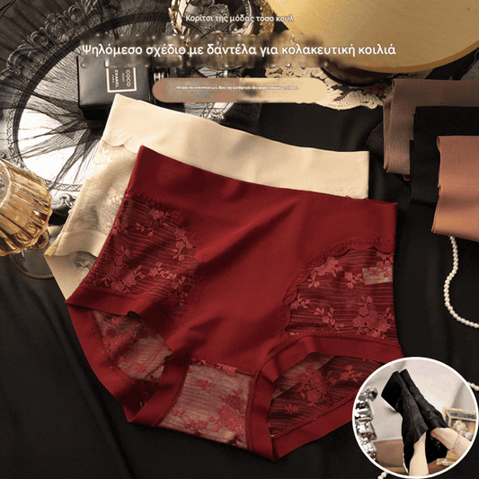 【25€】Ένα σετ 5 τεμαχίων: μαύρο + μπορντό + μπεζ + καφέ + κόκκινο τουβλάκι---Γυναικεία εσώρουχα υψηλής ελαστικότητας από δαντέλα χωρίς ραφές για έλεγχο κοιλιάς, σλιπ για διαμόρφωση και ανόρθωση γλουτών