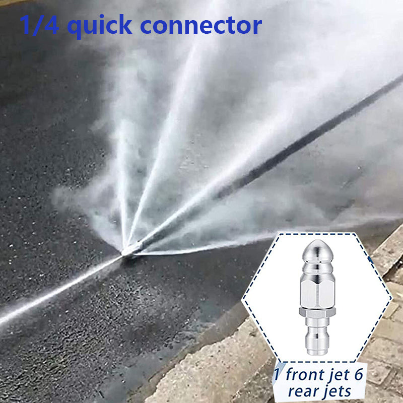 🛠️Ακροφύσιο υψηλής πίεσης από ανοξείδωτο ατσάλι με μπροστινό ακροφύσιο γρήγορης σύνδεσης 1/4 και έξι πίσω ακροφύσια για καθαρισμό και απόφραξη αποχετεύσεων