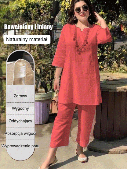 【40-100kg】Καλοκαιρινή νέα μόδα μονόχρωμη ιδιοσυγκρασία μετακίνησης σε έθνικ στυλ μακρυμάνικα ρούχα δύο κομμάτια