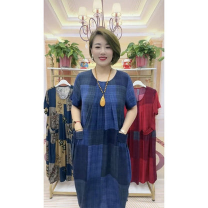 [50-100kg] 2025 καρό φόρεμα για τους μετακινούμενους άνετο μοντέρνο ευρύ φόρεμα για τη μαμά