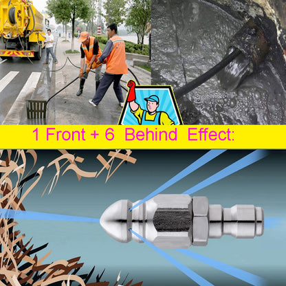 🛠️Ακροφύσιο υψηλής πίεσης από ανοξείδωτο ατσάλι με μπροστινό ακροφύσιο γρήγορης σύνδεσης 1/4 και έξι πίσω ακροφύσια για καθαρισμό και απόφραξη αποχετεύσεων